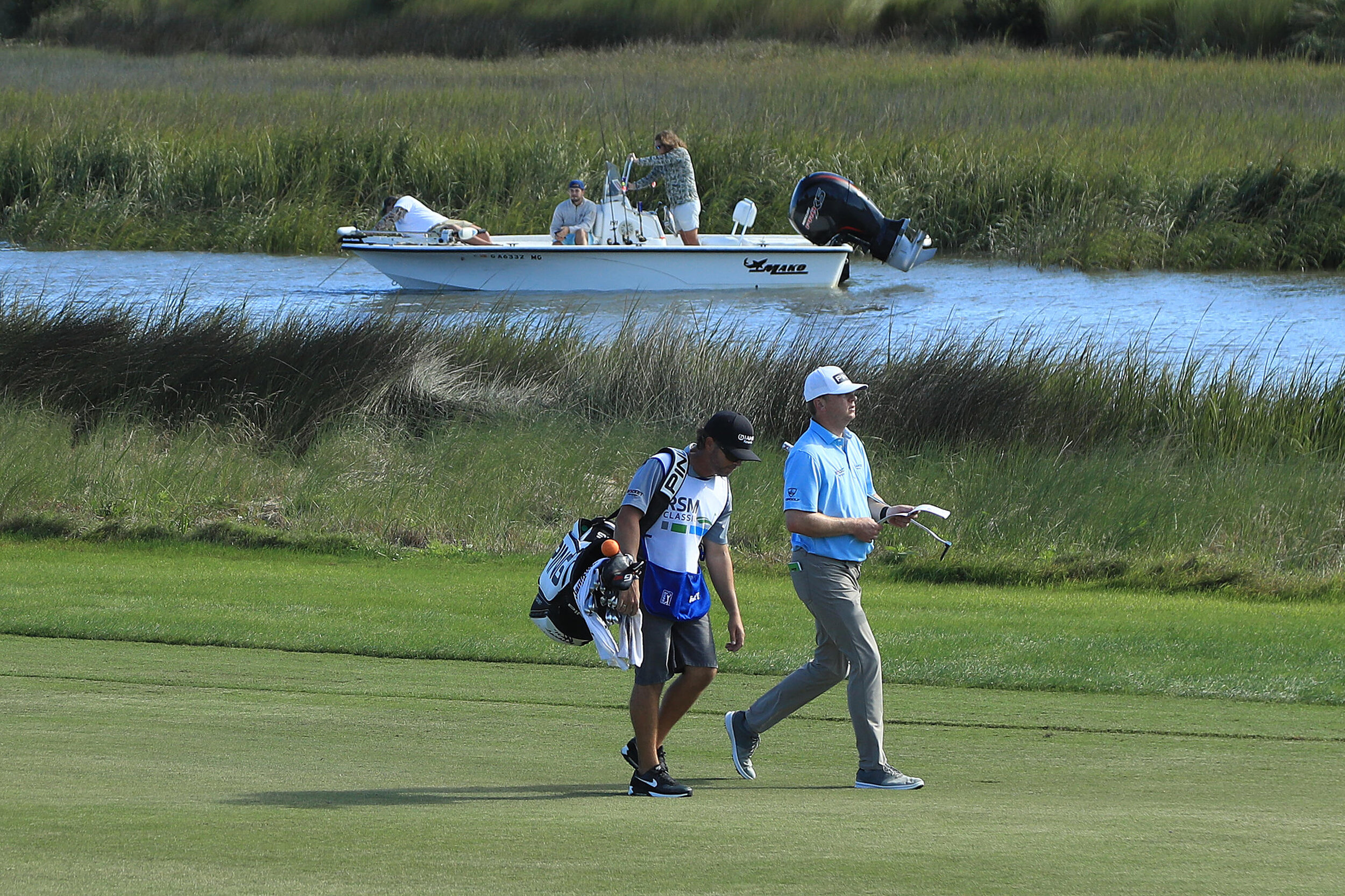  ST SIMONS ISLAND, GEORGIA - NOVEMBER 21: Nate Lashley of the United States and his caddie walk the 13th hole during the third round of The RSM Classic at the Seaside Course at Sea Island Golf Club on November 21, 2020 in St Simons Island, Georgia. (
