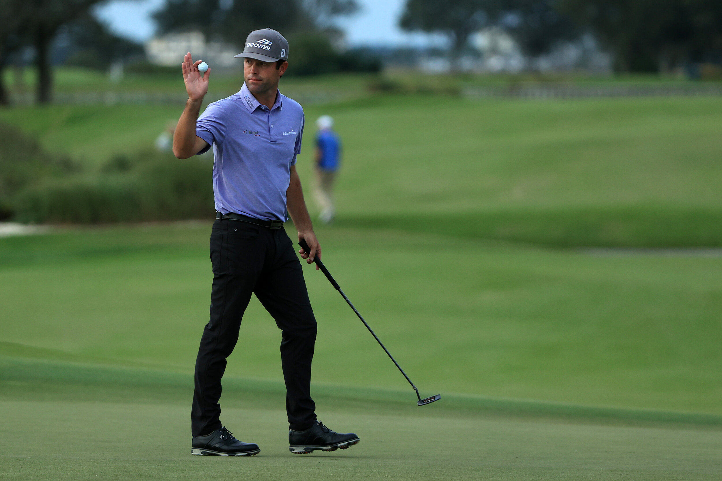  ST SIMONS ISLAND, GEORGIA - NOVEMBER 22: Robert Streb of the United States celebrates after putting for birdie to win the second sudden-death playoff hole against Kevin Kisner (not pictured) during the final round of The RSM Classic at the Seaside C