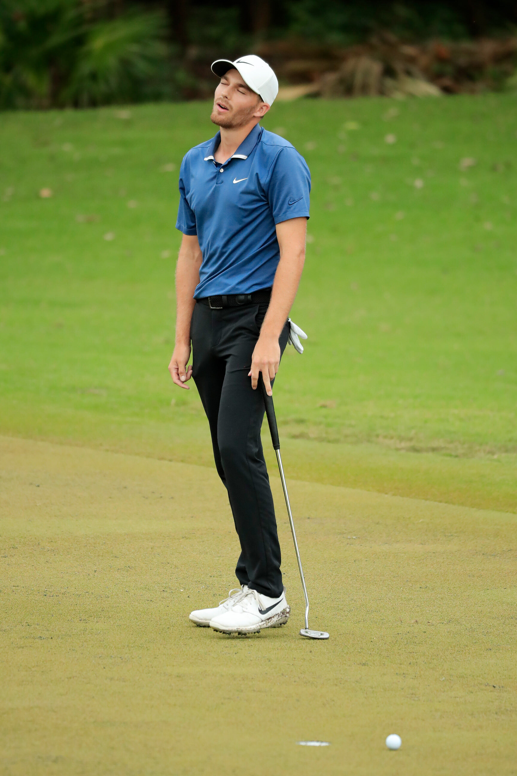  PLAYA DEL CARMEN, MEXICO - DECEMBER 06: Aaron Wise of the United States reacts to his missed birdie putt on the 18th green during the final round of the Mayakoba Golf Classic at El Camaleón Golf Club on December 06, 2020 in Playa del Carmen, Mexico.