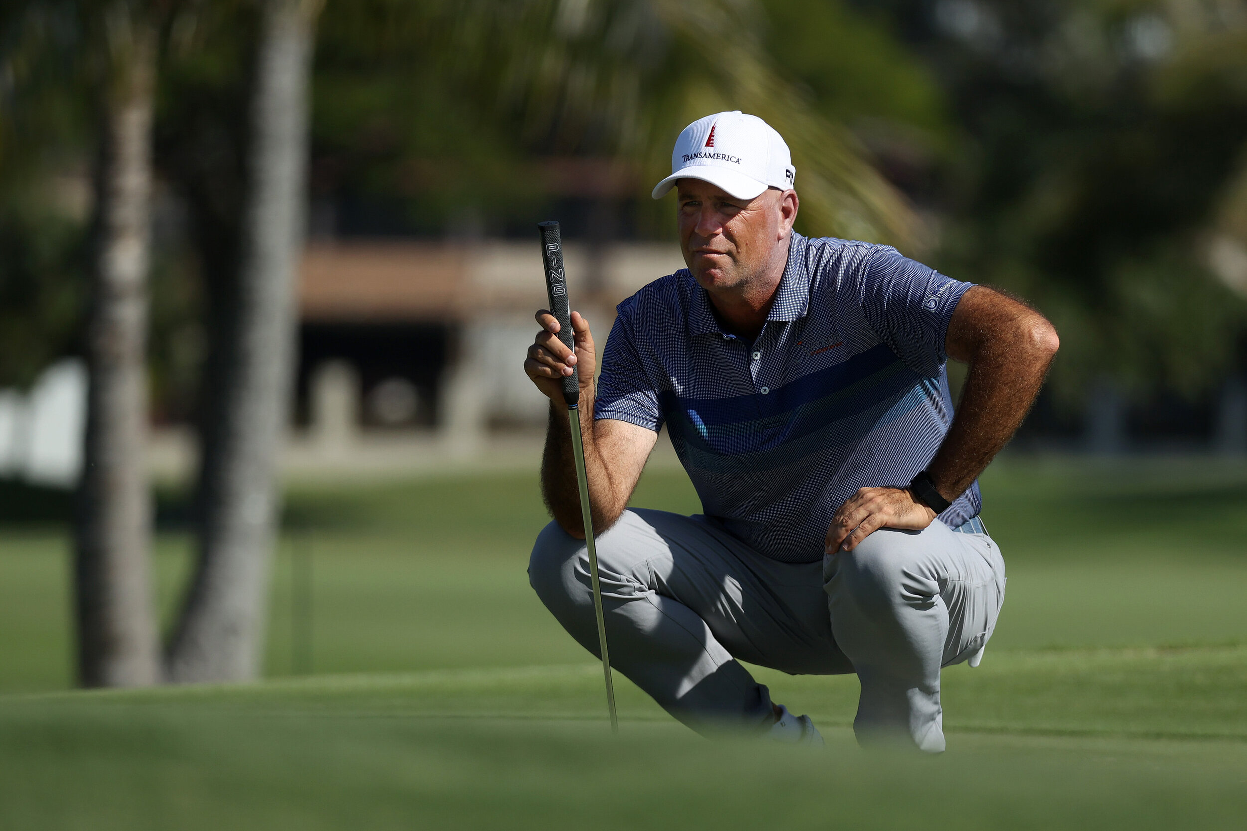  HONOLULU, HAWAII - JANUARY 15: Stewart Cink of the United States lines up his putt on the 13th green during the second round of the Sony Open in Hawaii at the Waialae Country Club on January 15, 2021 in Honolulu, Hawaii. (Photo by Gregory Shamus/Get