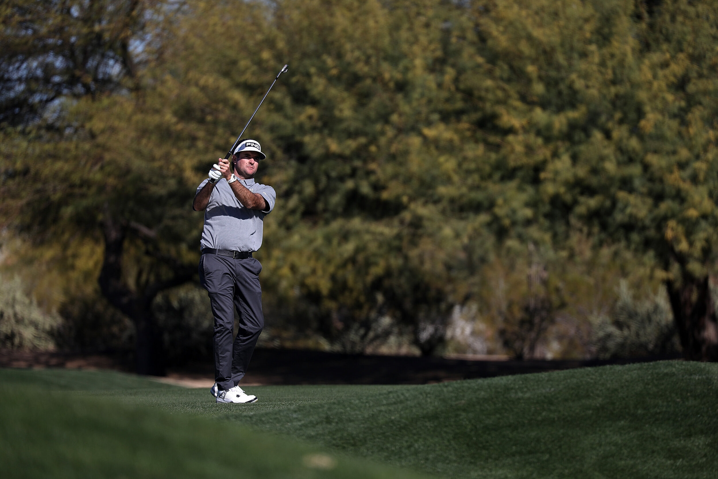 SCOTTSDALE, ARIZONA - FEBRUARY 04: Bubba Watson of the United States hits his second shot on the second hole during the first round of the Waste Management Phoenix Open at TPC Scottsdale on February 04, 2021 in Scottsdale, Arizona. (Photo by Christi