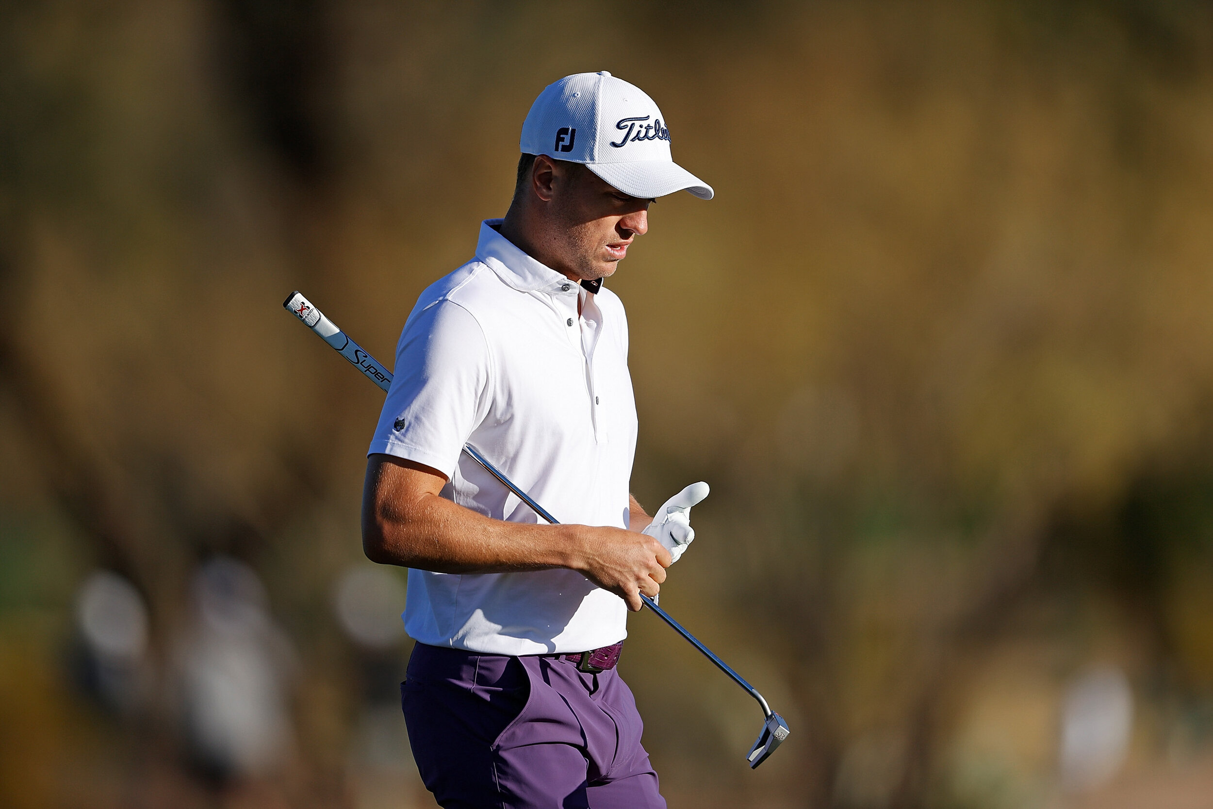  SCOTTSDALE, ARIZONA - FEBRUARY 05: Justin Thomas of the United States walks across the 14th green during the second round of the Waste Management Phoenix Open at TPC Scottsdale on February 05, 2021 in Scottsdale, Arizona. (Photo by Christian Peterse
