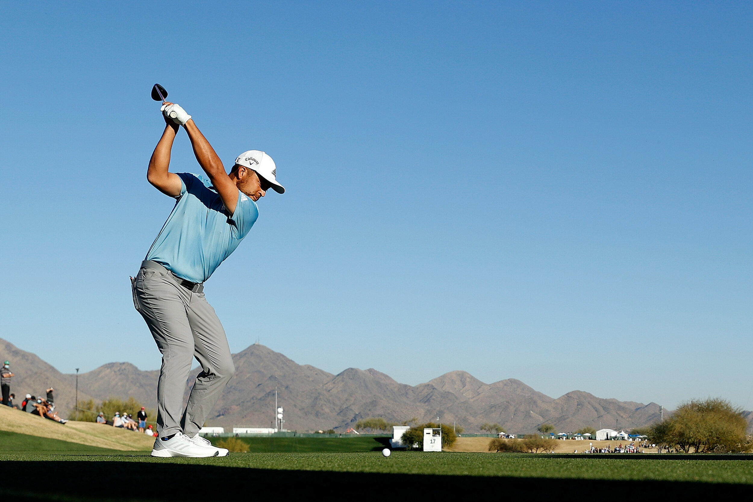  SCOTTSDALE, ARIZONA - FEBRUARY 05:  Xander Schauffele of the United States hits his tee shot on the 17th hole during the second round of the Waste Management Phoenix Open at TPC Scottsdale on February 05, 2021 in Scottsdale, Arizona. (Photo by Chris