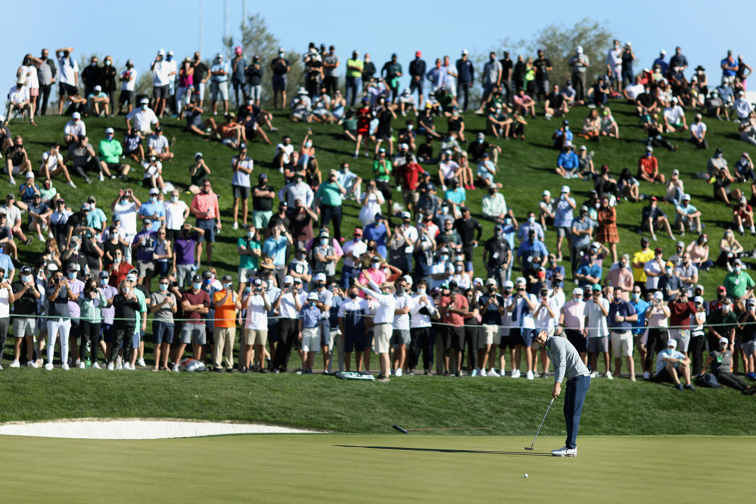  SCOTTSDALE, ARIZONA - FEBRUARY 06: Jordan Spieth of the United States putts on the 18th green during the third round of the Waste Management Phoenix Open at TPC Scottsdale on February 06, 2021 in Scottsdale, Arizona. (Photo by Christian Petersen/Get