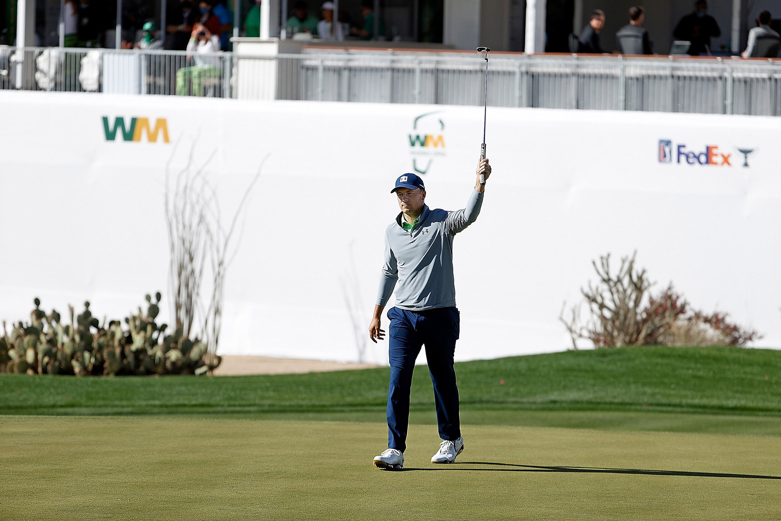  SCOTTSDALE, ARIZONA - FEBRUARY 06: Jordan Spieth of the United States reacts to a birdie on the 16th hole during the third round of the Waste Management Phoenix Open at TPC Scottsdale on February 06, 2021 in Scottsdale, Arizona. (Photo by Christian 