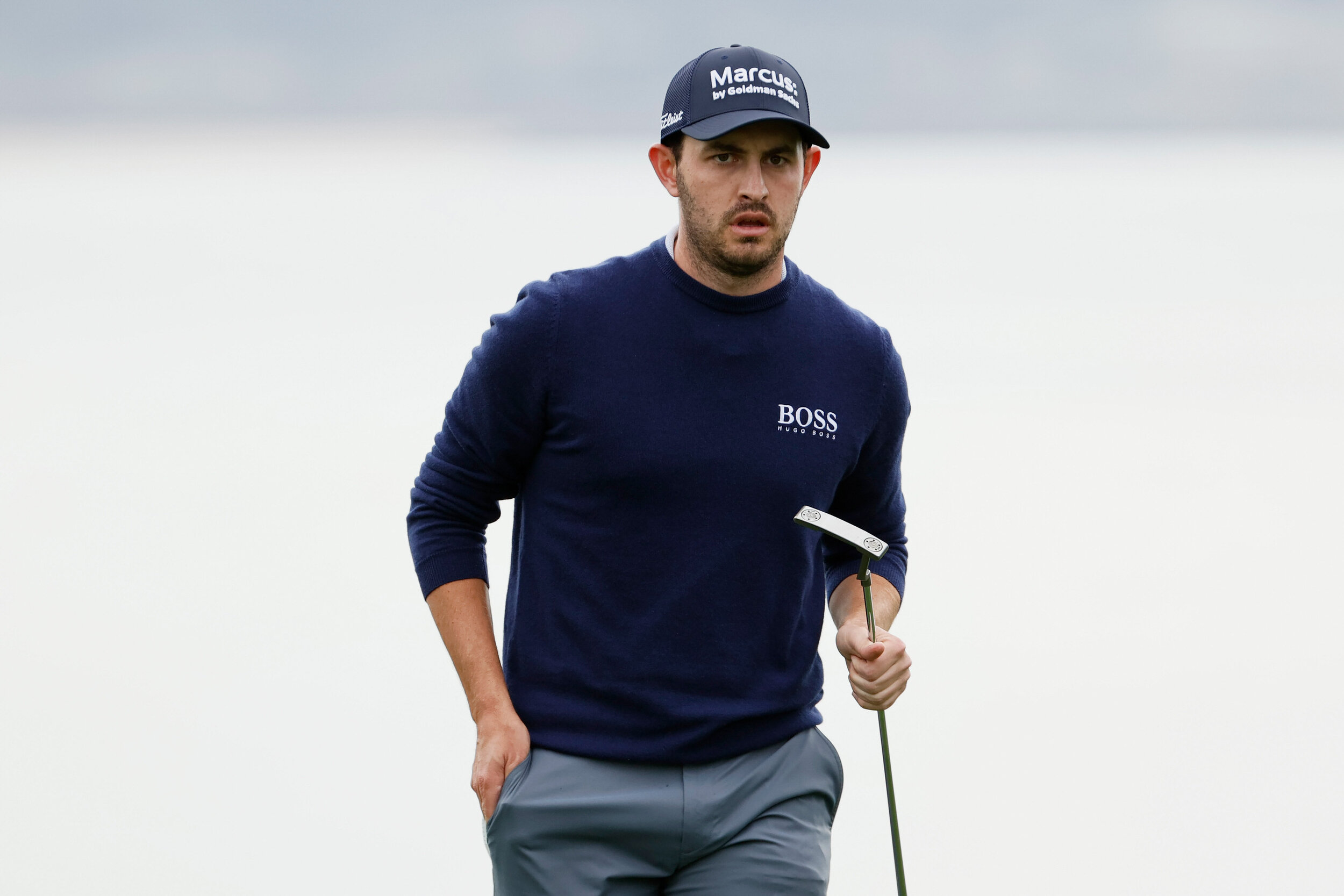  PEBBLE BEACH, CALIFORNIA - FEBRUARY 11: Patrick Cantlay of the United States reacts after finishing on the 18th green during the first round of the AT&T Pebble Beach Pro-Am at Pebble Beach Golf Links on February 11, 2021 in Pebble Beach, California.