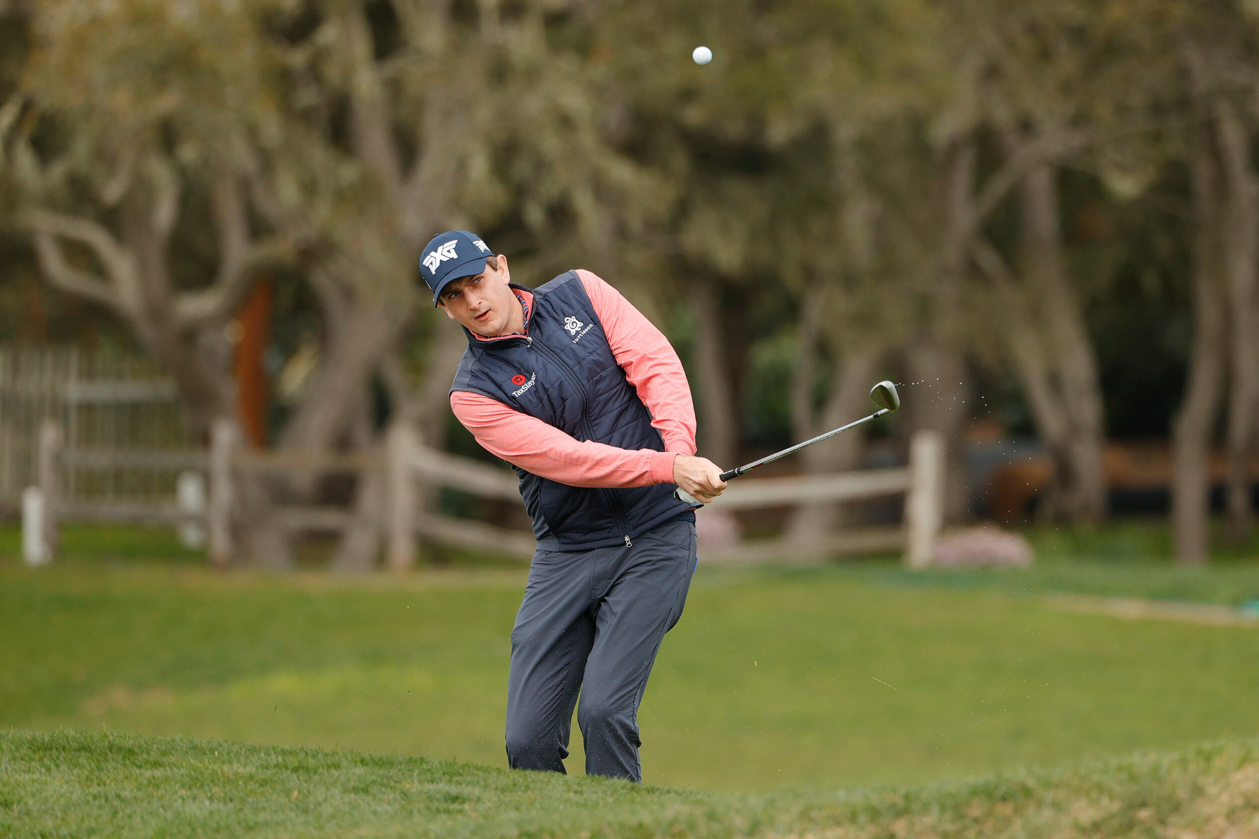  PEBBLE BEACH, CALIFORNIA - FEBRUARY 11: Henrik Norlander of Sweden plays a shot on the second hole during the first round of the AT&T Pebble Beach Pro-Am at Pebble Beach Golf Links on February 11, 2021 in Pebble Beach, California. (Photo by Ezra Sha