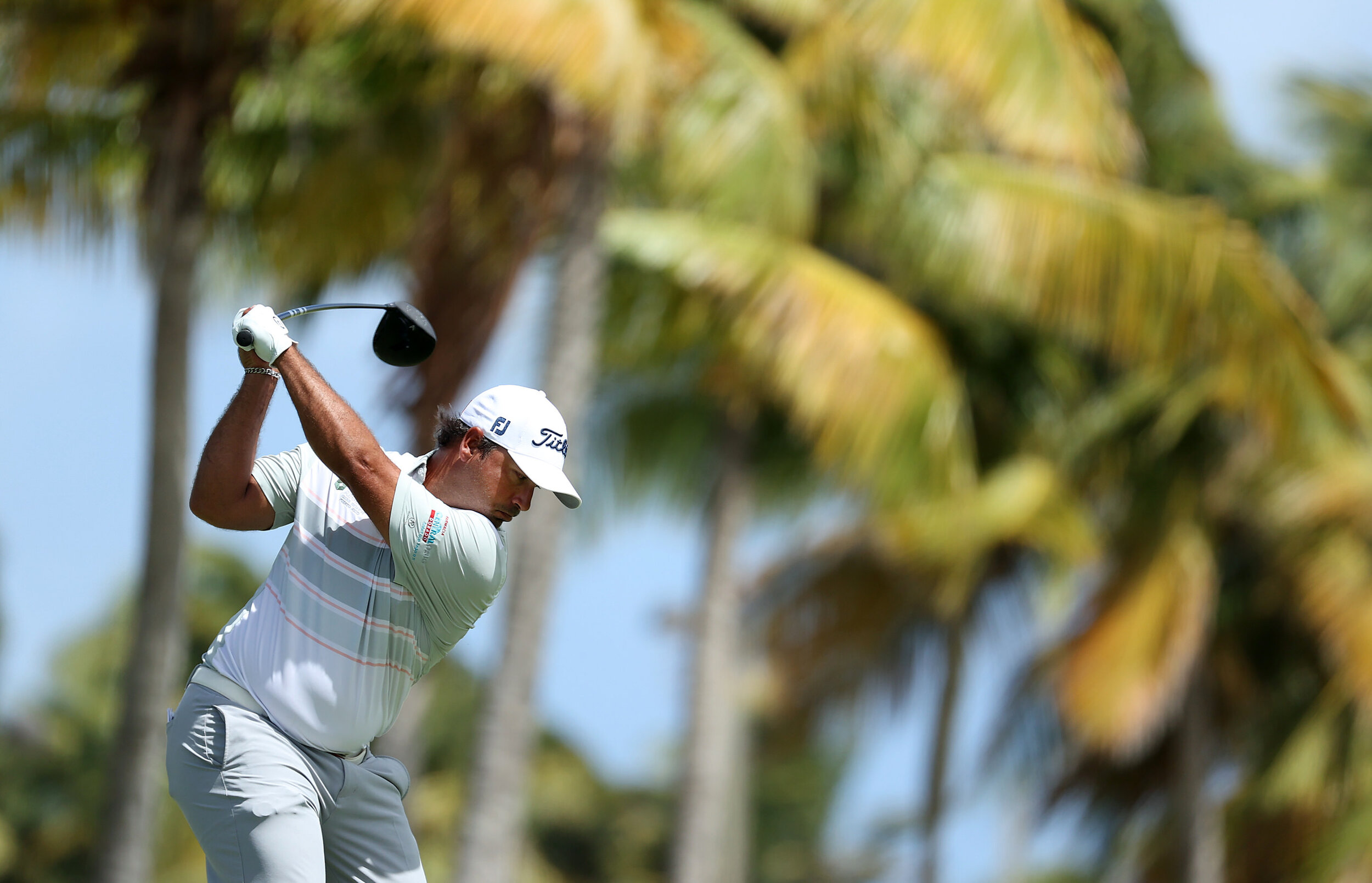  RIO GRANDE, PUERTO RICO - FEBRUARY 25: Rafael Campos of Puerto Rico plays his shot from the 14th tee during the first round of the Puerto Rico Open at Grand Reserve Country Club on February 25, 2021 in Rio Grande, Puerto Rico.  (Photo by Andy Lyons/
