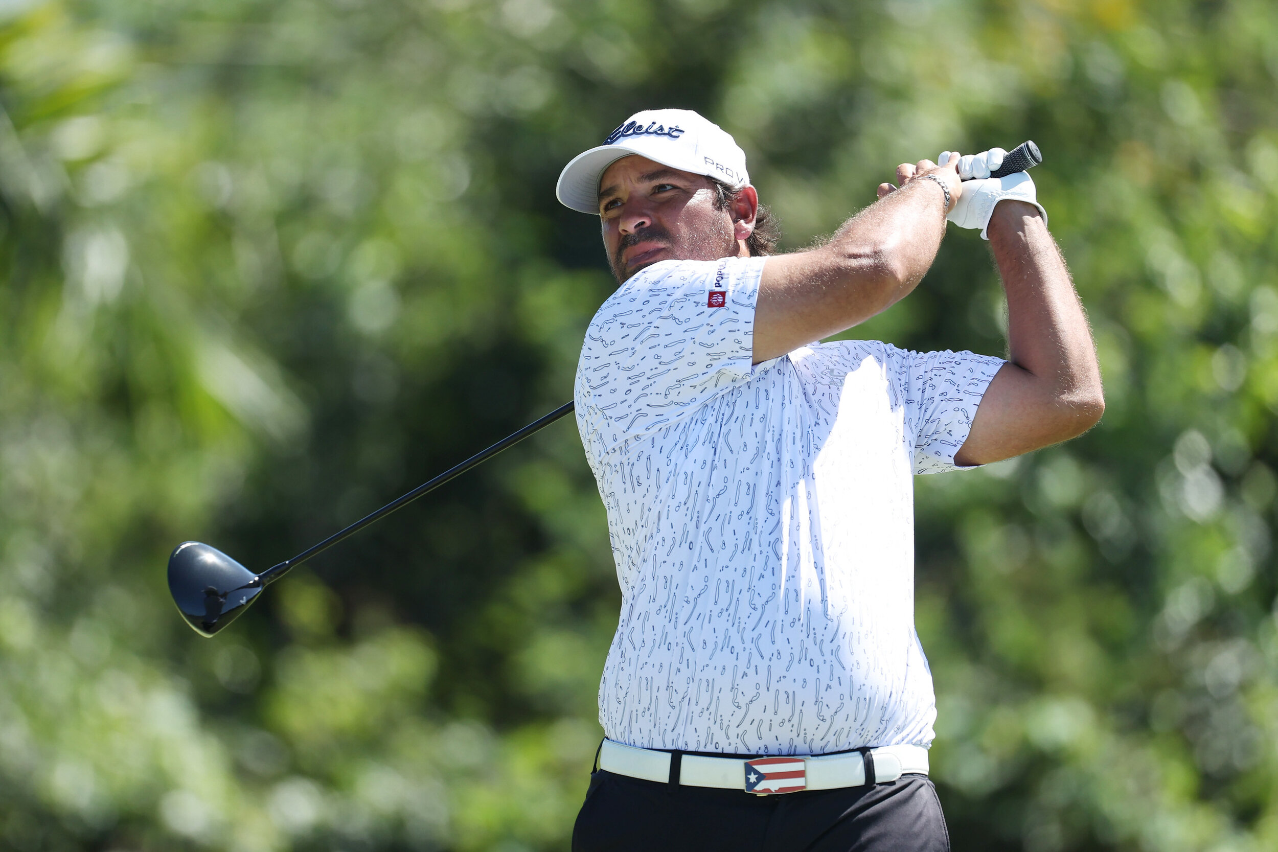  RIO GRANDE, PUERTO RICO - FEBRUARY 28:  Rafael Campos of Puerto Rico plays his shot from the seventh tee during the final round of the Puerto Rico Open at the Grand Reserve Country Club on February 28, 2021 in Rio Grande, Puerto Rico. (Photo by Andy