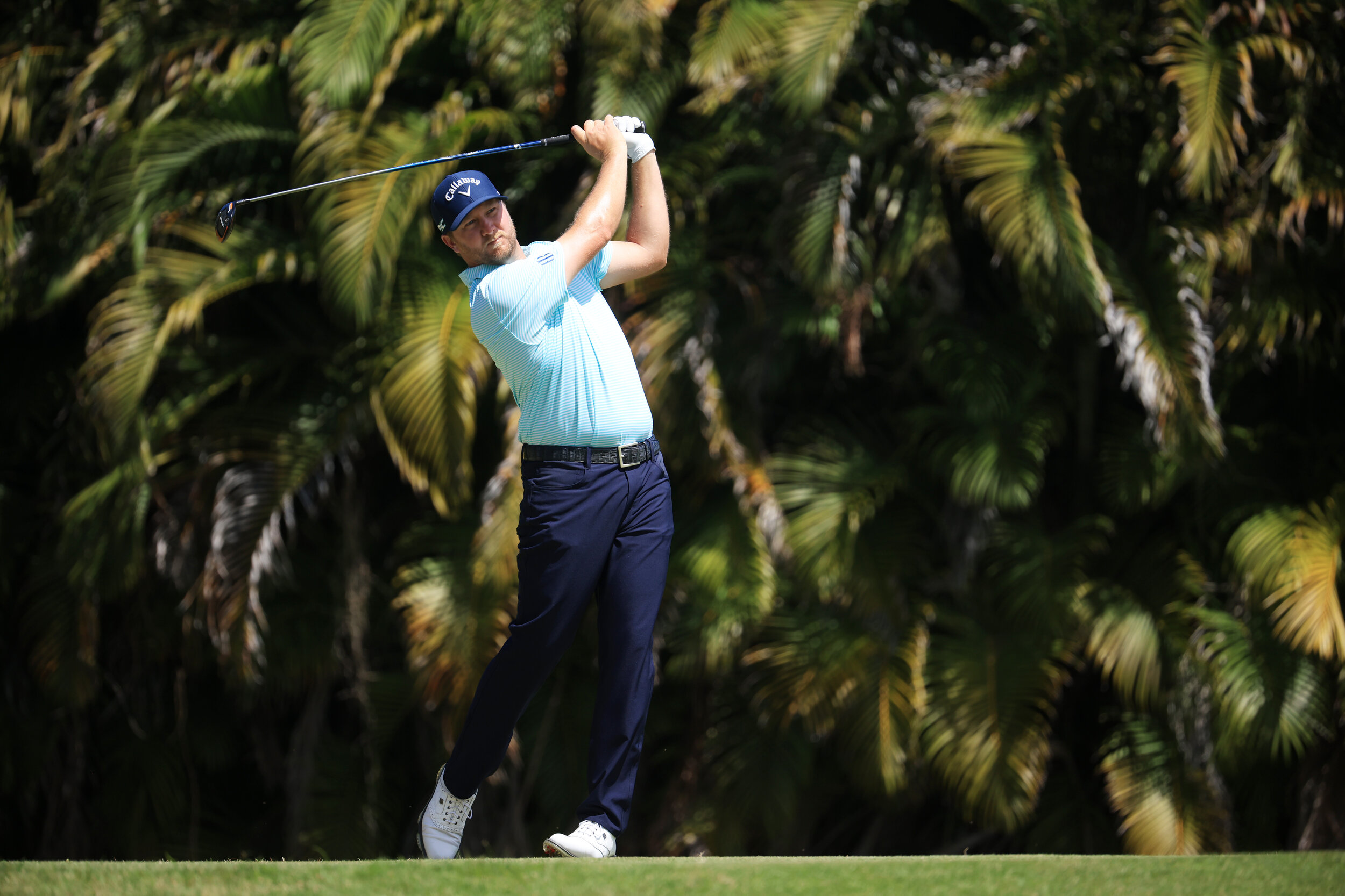  RIO GRANDE, PUERTO RICO - FEBRUARY 28:  Brice Garnett of the United States plays his shot from the fourth tee during the final round of the Puerto Rico Open at the Grand Reserve Country Club on February 28, 2021 in Rio Grande, Puerto Rico. (Photo by