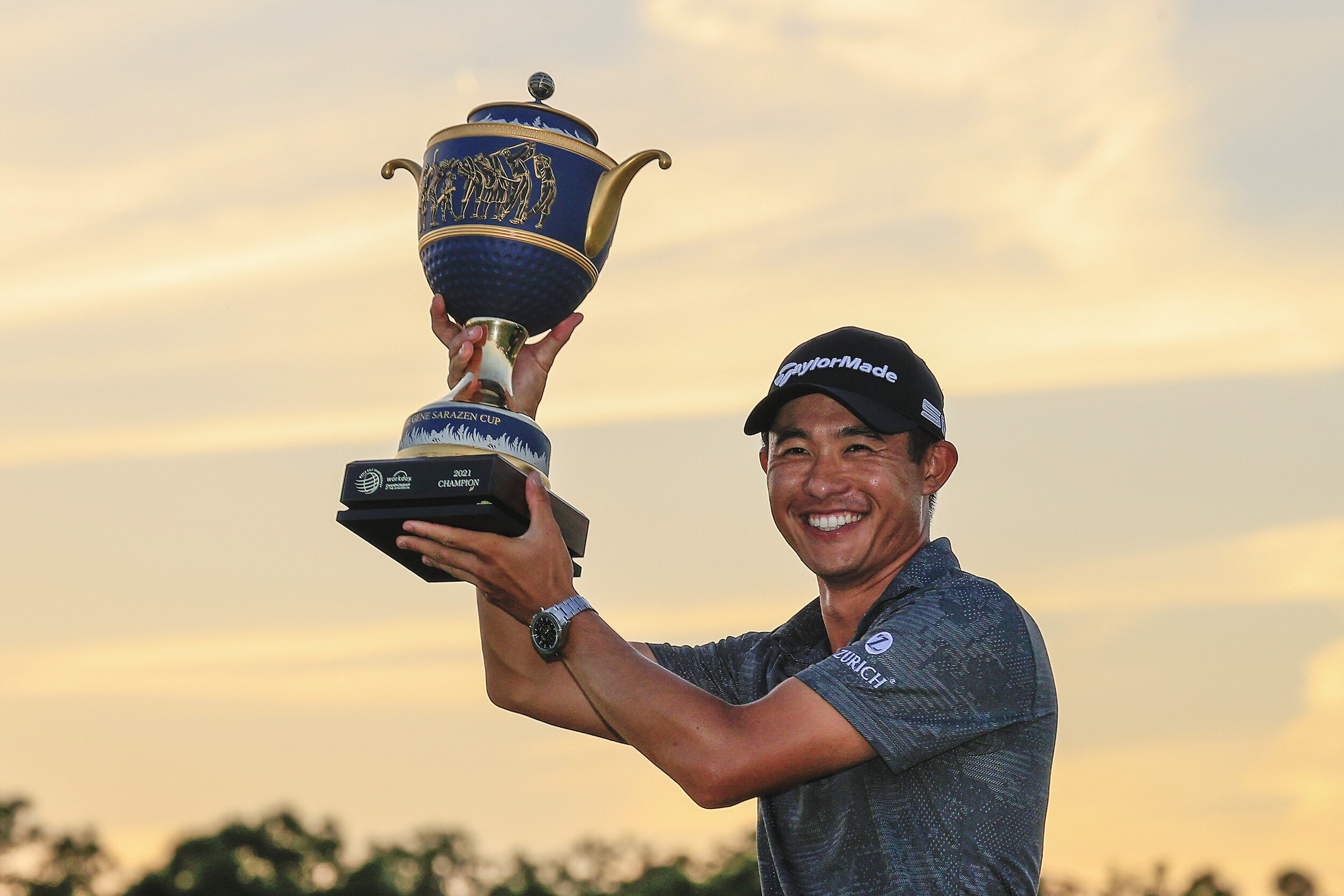  BRADENTON, FLORIDA - FEBRUARY 28: Collin Morikawa of the United States celebrates with the Gene Sarazen Cup during the trophy ceremony after winning the final round of World Golf Championships-Workday Championship at The Concession on February 28, 2
