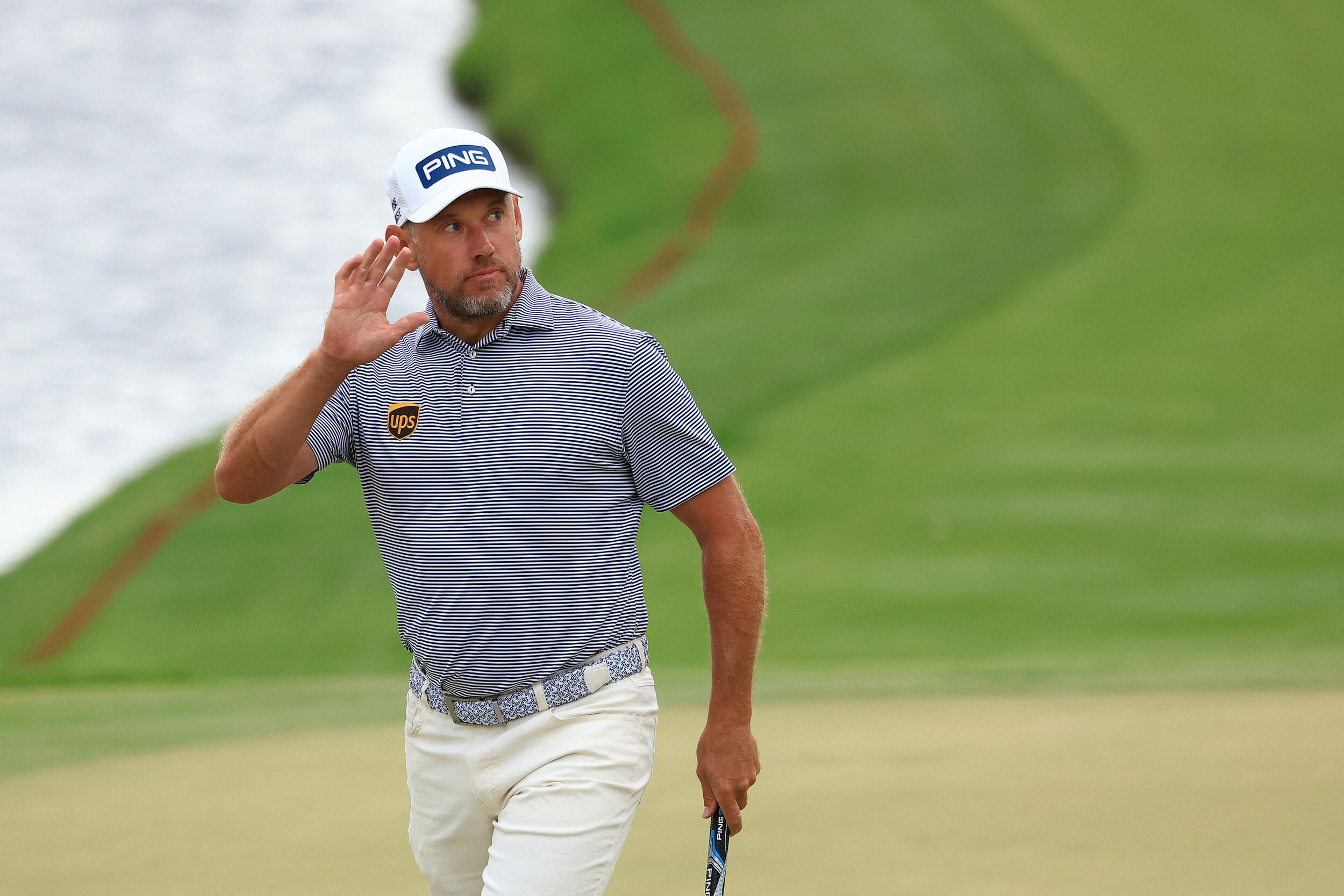  ORLANDO, FLORIDA - MARCH 06: Lee Westwood of England reacts after making a putt for birdie on the 18th green during the third round of the Arnold Palmer Invitational Presented by MasterCard at the Bay Hill Club and Lodge on March 06, 2021 in Orlando
