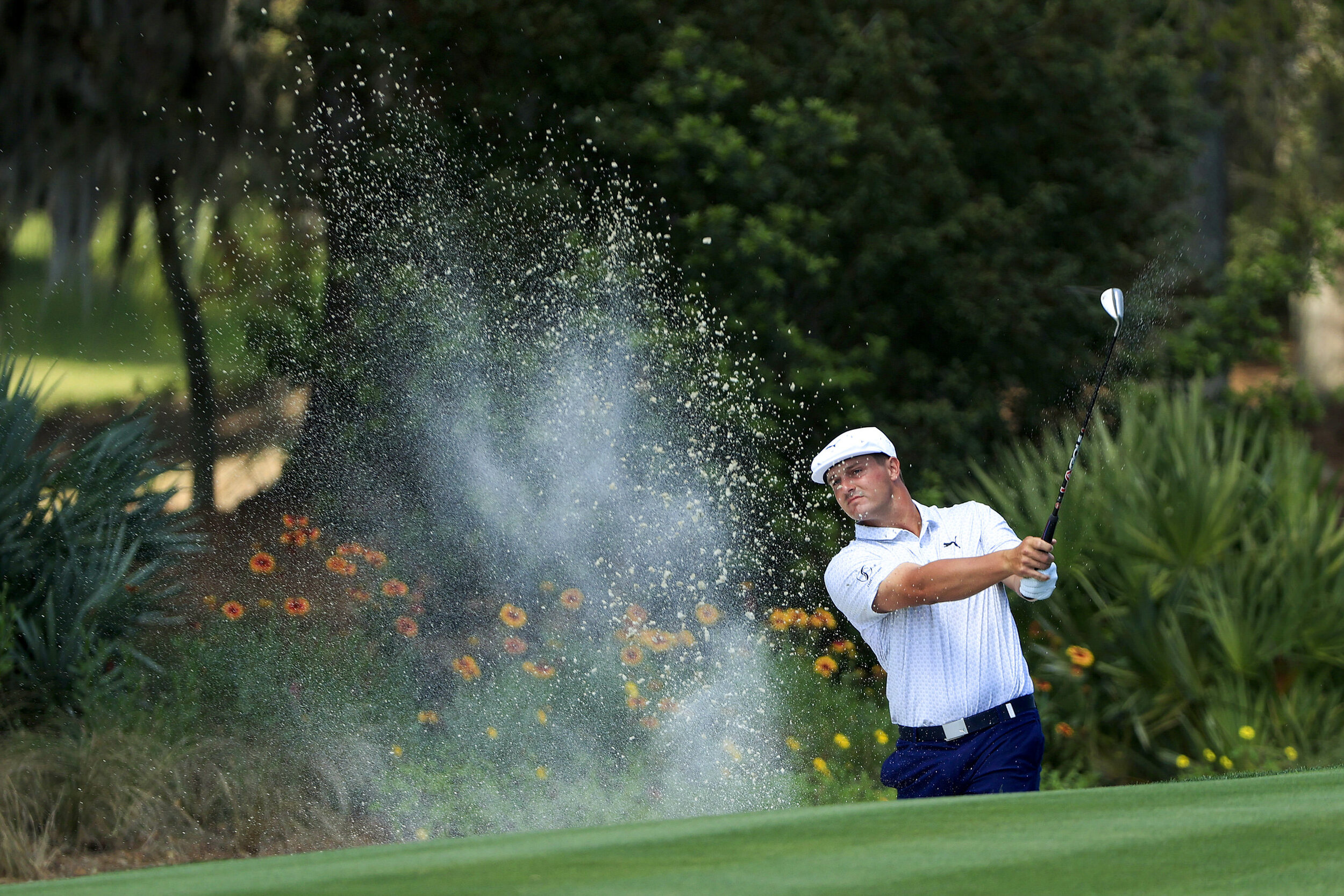  PONTE VEDRA BEACH, FLORIDA - MARCH 14: Bryson DeChambeau of the United States plays his third shot on the second hole during the final round of THE PLAYERS Championship on THE PLAYERS Stadium Course at TPC Sawgrass on March 14, 2021 in Ponte Vedra B