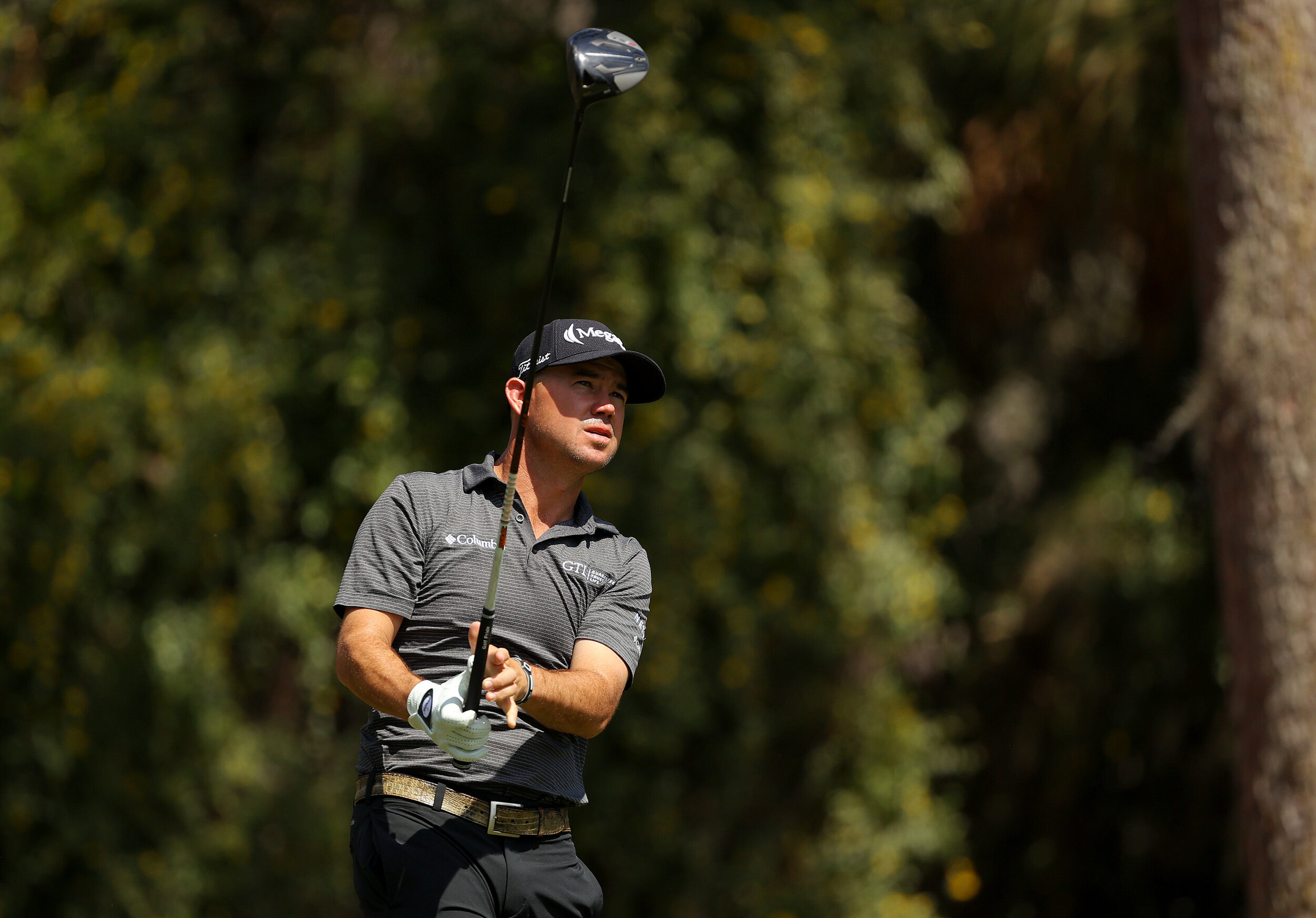  PONTE VEDRA BEACH, FLORIDA - MARCH 14: Brian Harman of the United States plays his shot from the second tee during the final round of THE PLAYERS Championship on THE PLAYERS Stadium Course at TPC Sawgrass on March 14, 2021 in Ponte Vedra Beach, Flor