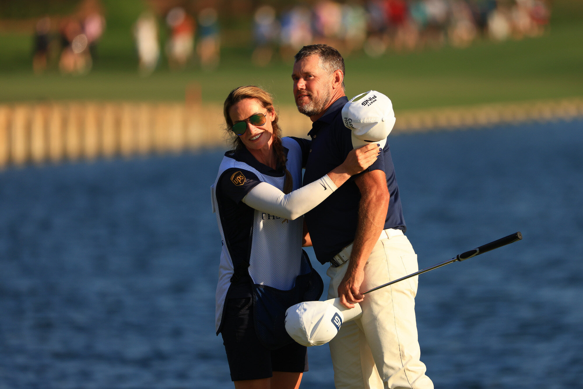 PONTE VEDRA BEACH, FLORIDA - MARCH 14: Lee Westwood of England kisses his caddie and partner Helen Storey after finishing on the 18th green during the final round of THE PLAYERS Championship on THE PLAYERS Stadium Course at TPC Sawgrass on March 14,