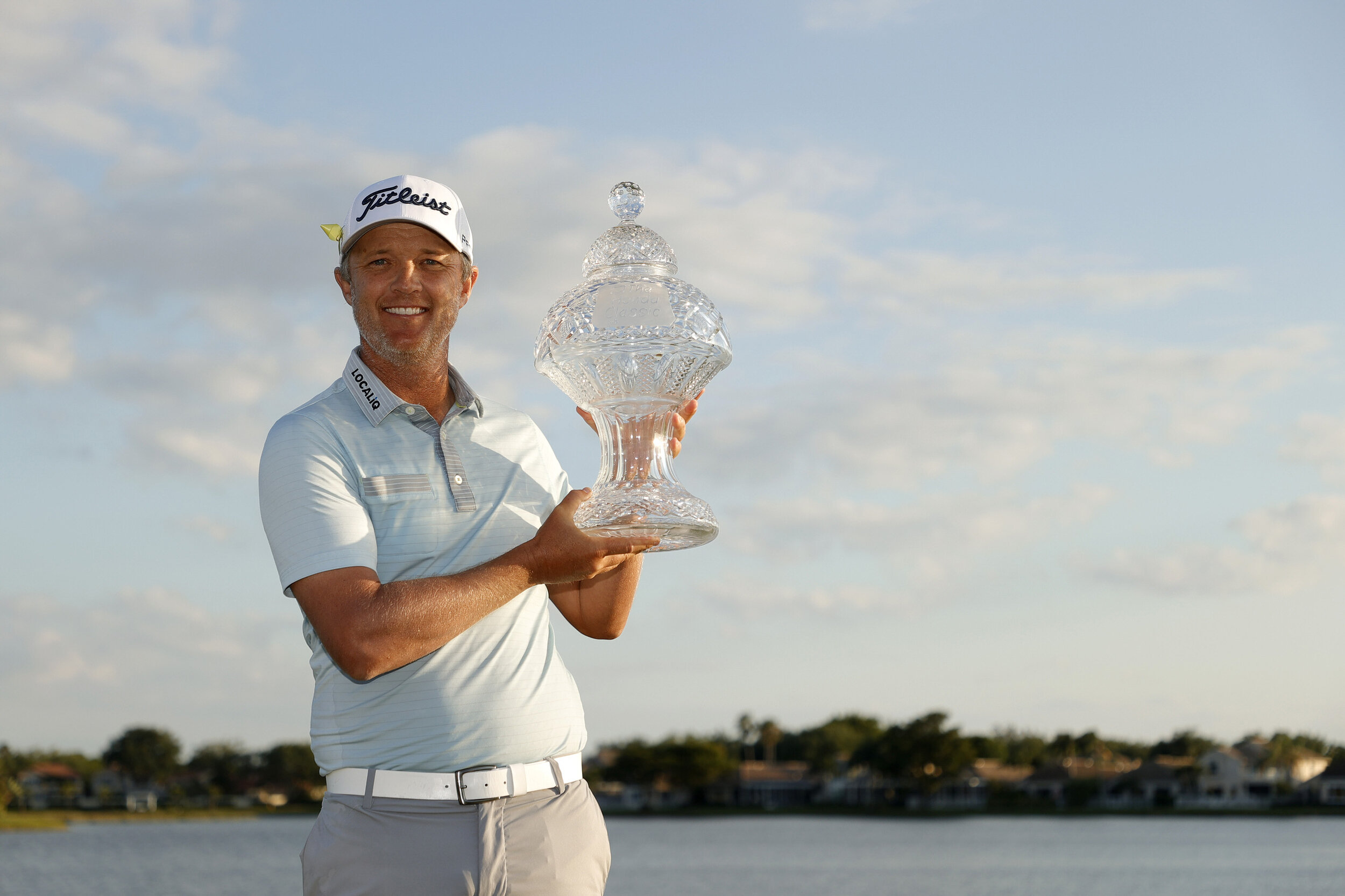  PALM BEACH GARDENS, FLORIDA - MARCH 21: Matt Jones of Australia celebrates with the trophy after winning during the final round of The Honda Classic at PGA National Champion course on March 21, 2021 in Palm Beach Gardens, Florida. (Photo by Jared C.