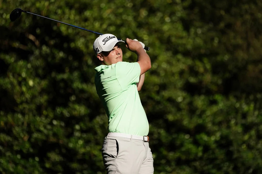 James Sugrue of Ireland plays his stroke from the No. 11 tee during the 2020 Masters at Augusta National Golf Club