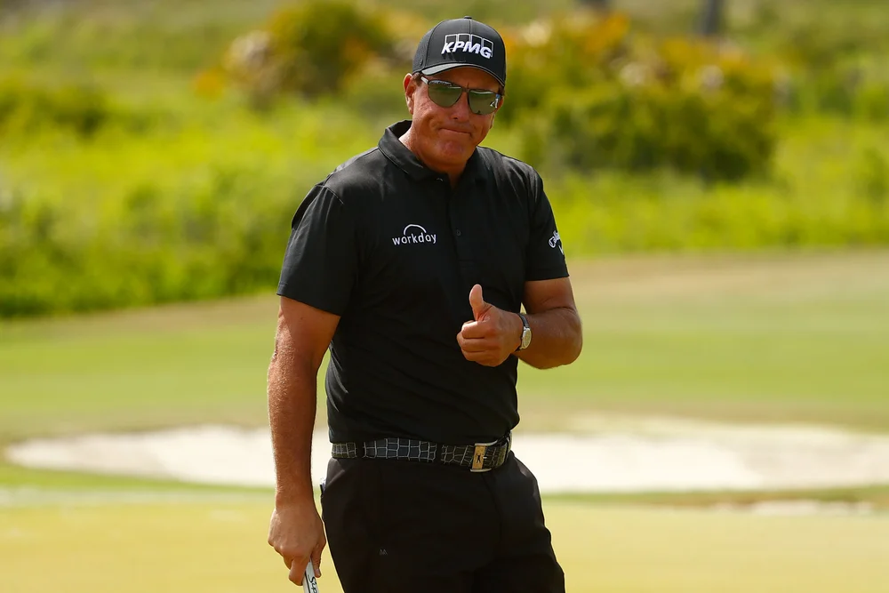 KIAWAH ISLAND, SC - MAY 22: Phil Mickelson on the fourth hole during the third round of the 2021 PGA Championship held at the Ocean Course of Kiawah Island Golf Resort on May 22, 2021 in Kiawah Island, South Carolina. (Photo by Maddie Meyer/PGA of America)