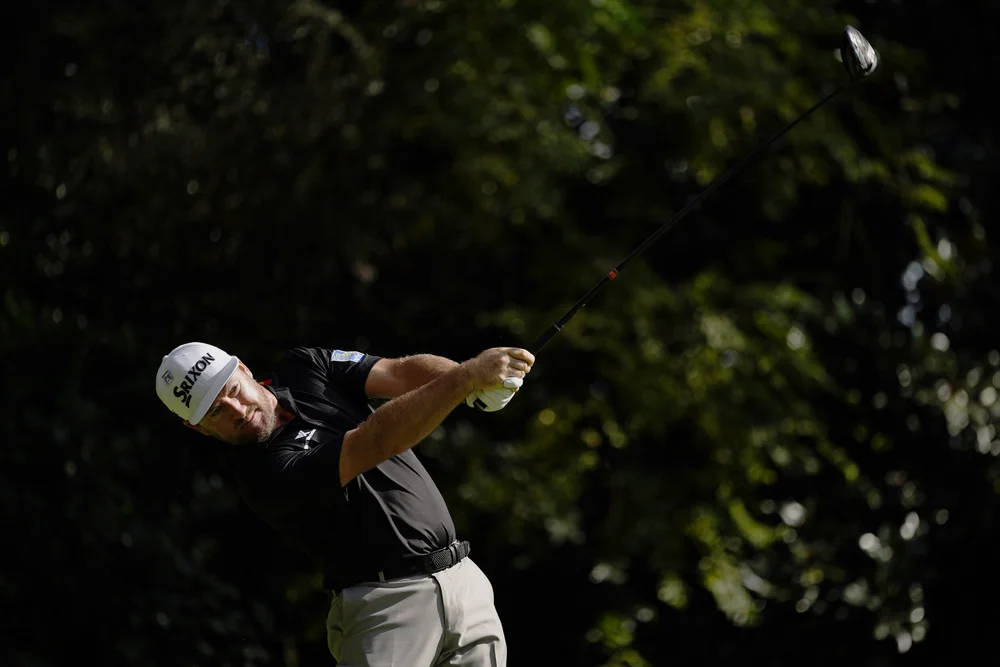 Graeme McDowell of Northern Ireland plays his stroke from the No. 11 tee during Round 1 of the Masters at Augusta National Golf Club, Thursday, November 12, 2020.