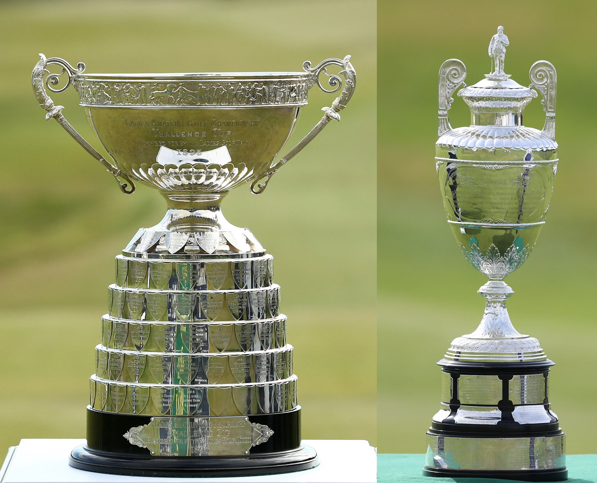 The Women’s Amateur (left) and Amateur Championship trophies