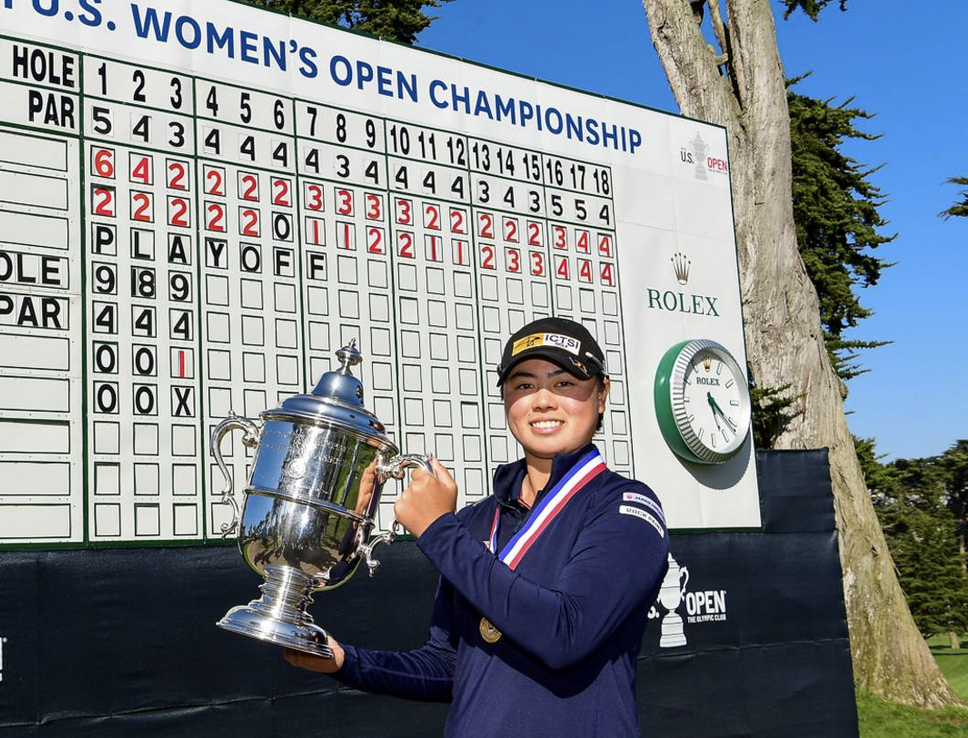 Yuka Saso shows off the US Women’s Open trophy. Picture: USGA