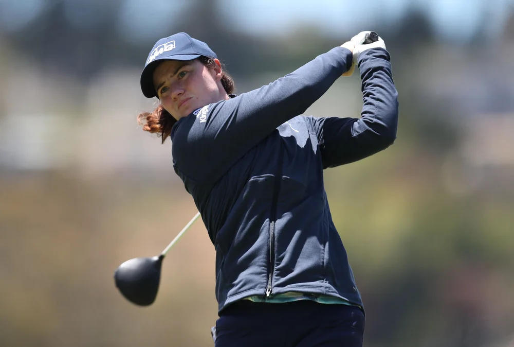 DALY CITY, CA - JUNE 10: Leona Maguire of Ireland tees off from the 9th hole during the first round of the LPGA Mediheal Championship at Lake Merced Golf Club on June 10, 2021 in Daly City, California. (Photo by Jed Jacobsohn/Getty Images)