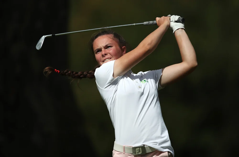 YORK, ENGLAND - AUGUST 13: Beth Coulter of Kirkistown Castle in action during her semi-final match on day four of the R&A Girls Amateur Championship at Fulford Golf Club on August 13, 2021 in York, England. (Photo by Jan Kruger/R&A/R&A via Getty Images)