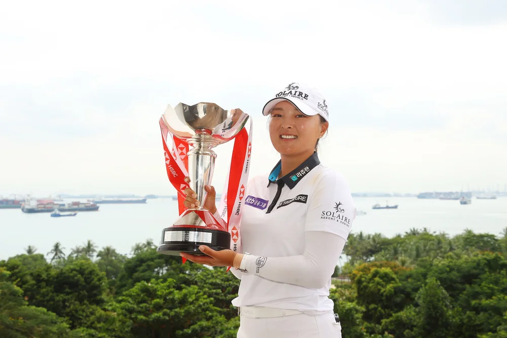 Jin Young Ko of South Korea poses with the HSBC Women's World Championship trophy