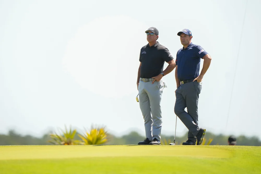 KIAWAH ISLAND, SC - MAY 21: Phil Mickelson and Padraig Harrington of Ireland on the third hole during the second round of the 2021 PGA Championship held at the Ocean Course of Kiawah Island Golf Resort on May 21, 2021 in Kiawah Island, South Carolina