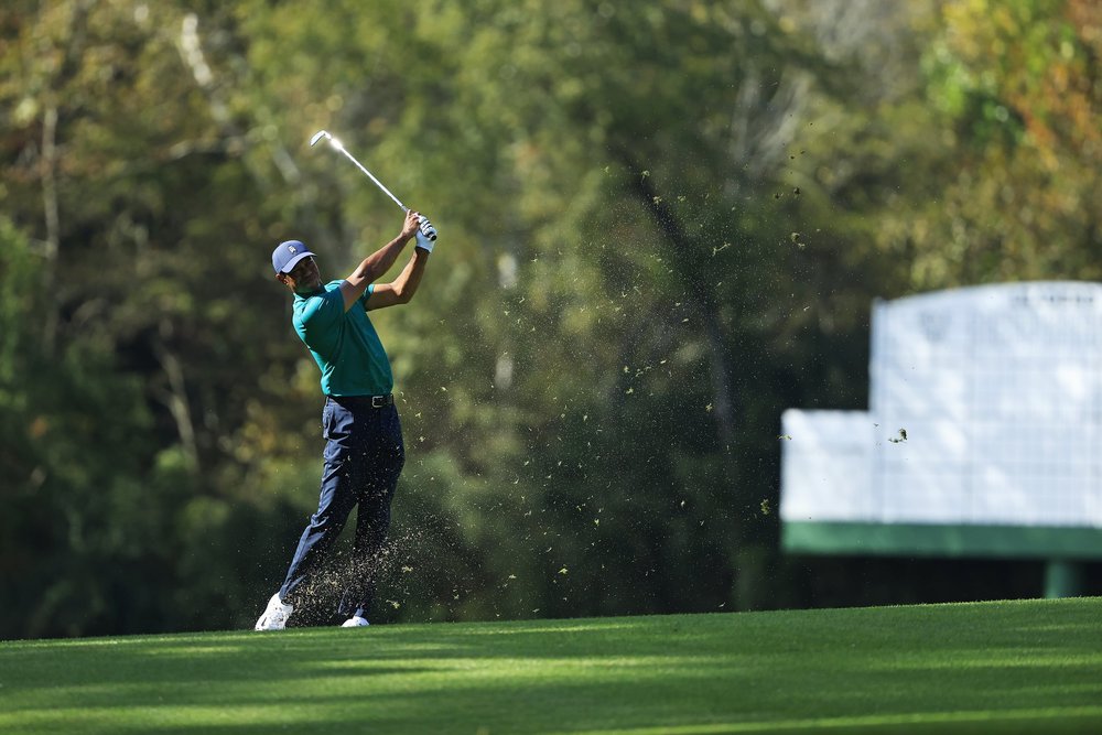 Masters champion Tiger Woods on the No. 13 hole during Practice Round 2 for the Masters at Augusta National Golf Club, Monday, November 9, 2020.