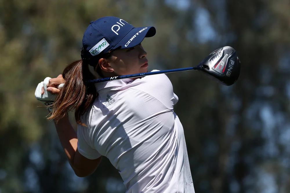 RANCHO MIRAGE, CALIFORNIA - APRIL 01: Hinako Shibuno of Japan hits her tee shot on the 13th hole during the second round of The Chevron Championship at The Westin Mission Hills Golf Resort & Spa on April 01, 2022 in Rancho Mirage, California. (Photo