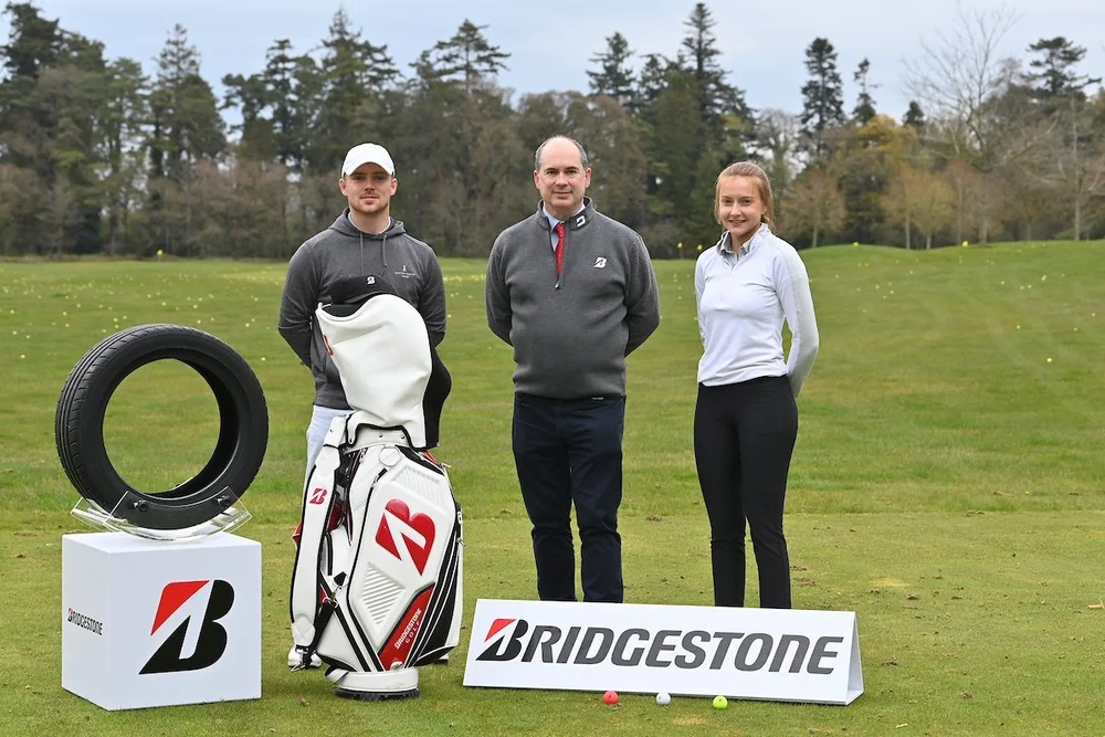 Marc Boucher (Carton House) and Kate Lanigan (Hermitage) joined Colm Conyngham (Marketing and Public Relations Manager, Bridgestone Ireland) to officially launch the Bridgestone Men's and Women's Tours. (Michael Chester - Golffile)