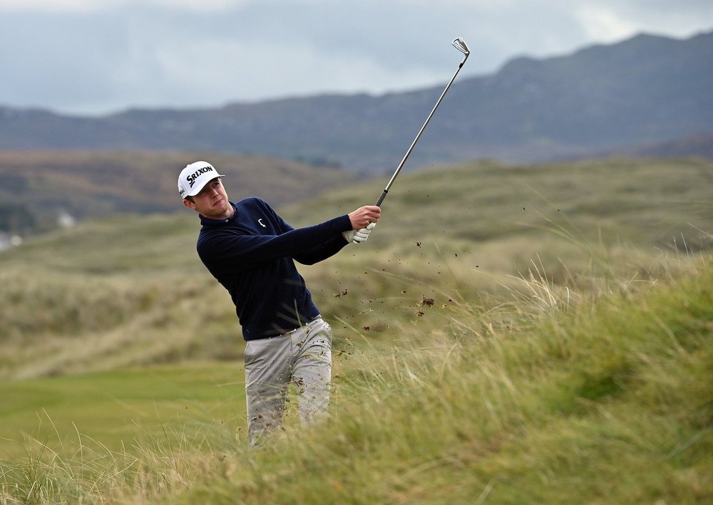 Hugh Foley (Royal Dublin) playing his second shot to the 17th green in the final round of the AIG 2020 Irish Amateur Close Championship at Sandy Hills Links, Rosapenna Golf Club, Co Donegal today (11/10/2020). Picture by Pat Cashman