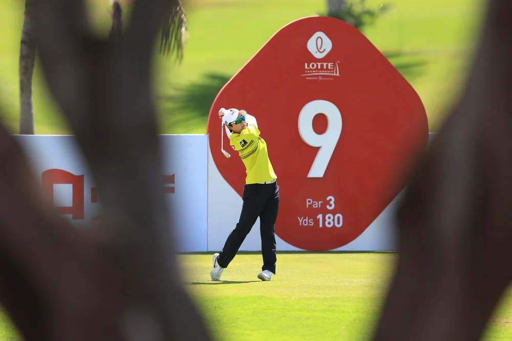 KAPOLEI, HAWAII - APRIL 14: Hyo Joo Kim of The Republic of Korea tees off on the ninth hole during the second round of the LOTTE Championship at Kapolei Golf Club on April 14, 2022 in Kapolei, Hawaii. (Photo by Sean M. Haffey/Getty Images)