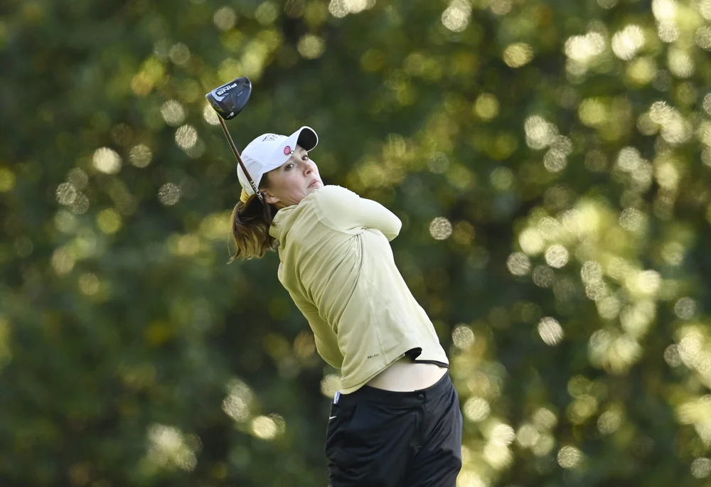 Emilia Migliaccio of the United States plays her stroke from the No. 2 tee during the final round of the Augusta National Women's Amateur, Saturday, April 3, 2021.