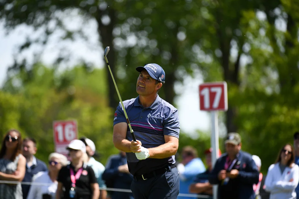 BENTON HARBOR, MI - MAY 28: Padraig Harrington of Ireland hits his shot from the 17th tee during the third round of the 82nd KitchenAid Senior PGA Championship held at Harbor Shores Golf Club on May 28, 2022 in Benton Harbor, Michigan. (Photo by Mont