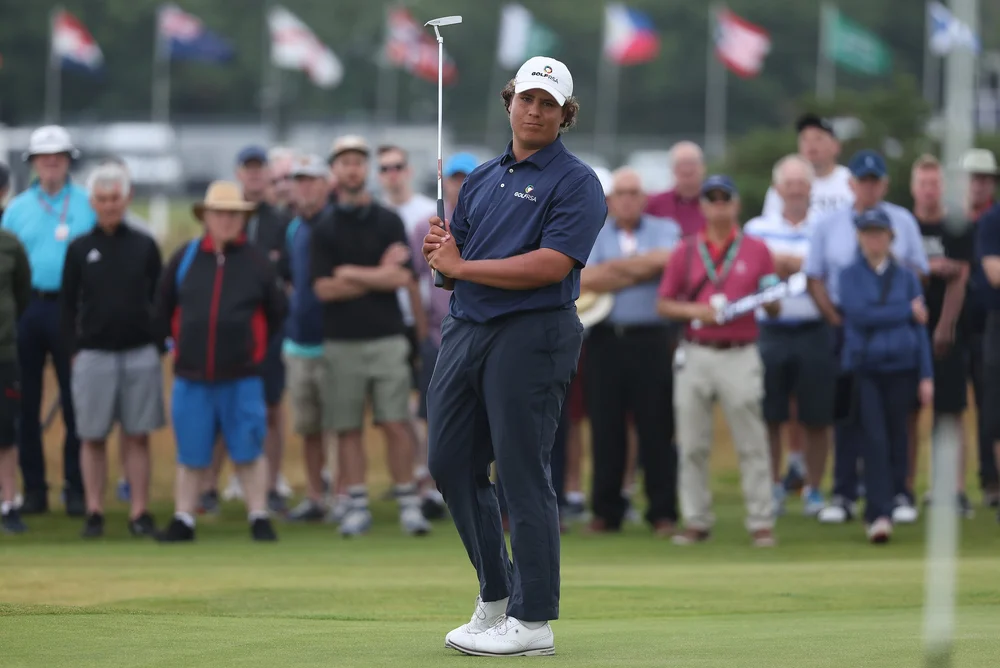 LYTHAM ST ANNES, ENGLAND - JUNE 17: Aldrich Potgieter of South Africa watches his putt on the 17th green during the Semi Finals on day five of the R&A Amateur Championship at Royal Lytham & St. Annes on June 17, 2022 in Lytham St Annes, England. (Pho