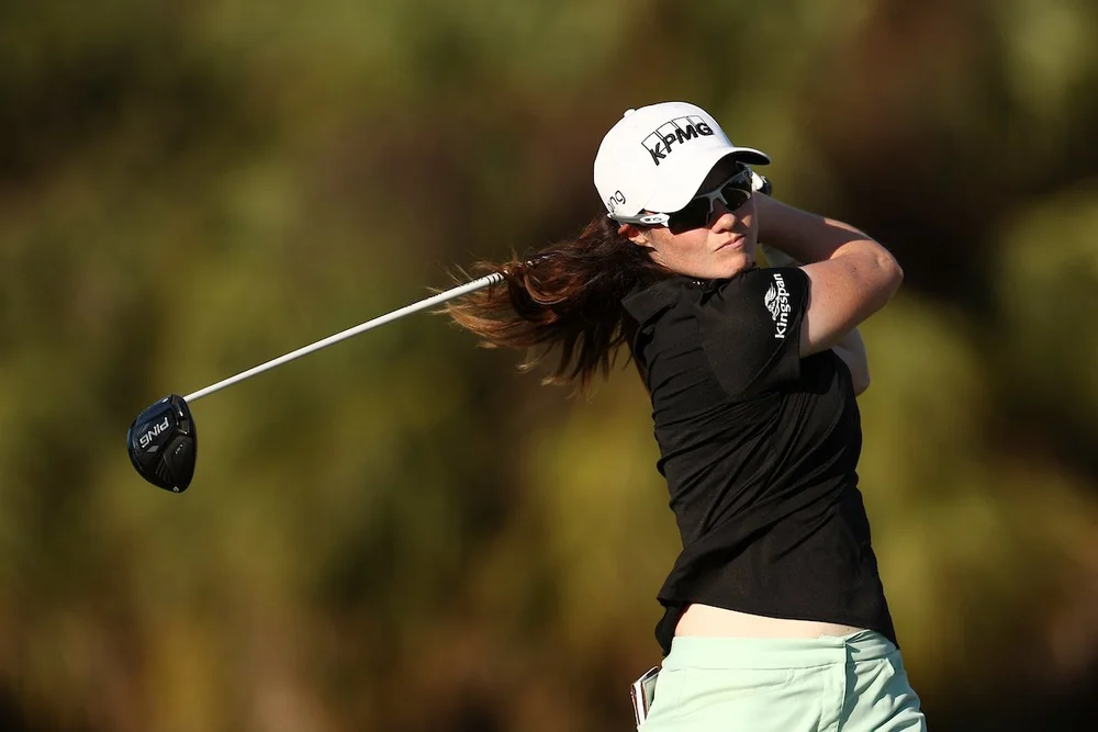 Leona Maguire of Ireland hits from the 16th tee during the second round of the LPGA Drive On Championship at Crown Colony Golf & Country Club on February 04, 2022 in Fort Myers, Florida. (Photo by Douglas P. DeFelice/Getty Images)