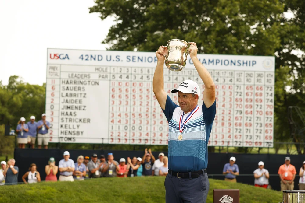 Padraig Harrington poses with the trophy following the final round at the 2022 U.S. Senior Open at Saucon Valley C.C. (Old Course) in Bethlehem, Pa. on Sunday, June 26, 2022. (Chris Keane/USGA)