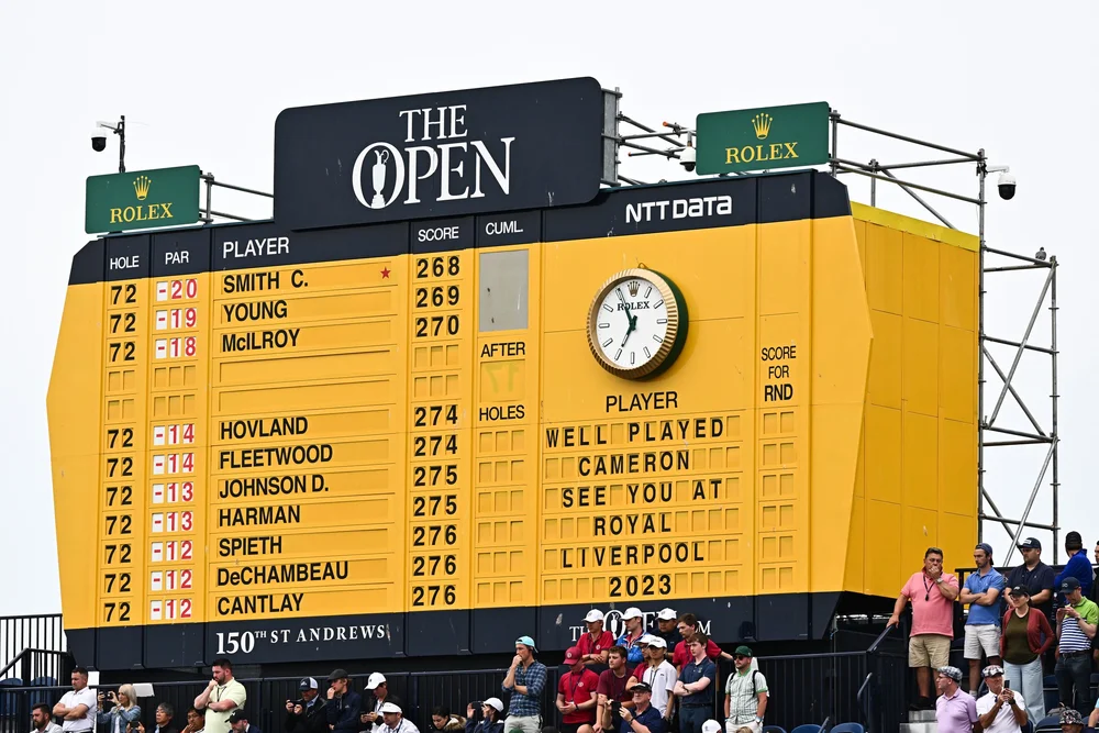 view of the 1st hole grandstand scoreboard with the message "Well Played Cameron See You At Royal Liverpool 2023" during Day Four of The 150th Open at St Andrews Old Course on July 17, 2022 in St Andrews, Scotland. (Photo by Stephen Pond/R&A/R&A via