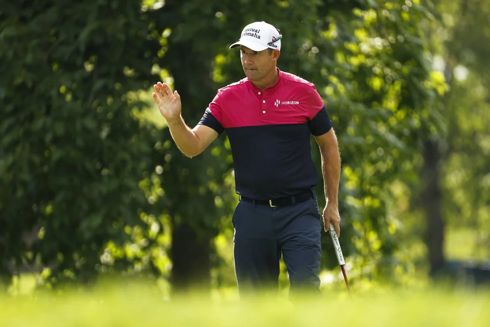 Padraig Harrington reacts after a putt on the fourth hole during the second round at the 2022 U.S. Senior Open at Saucon Valley C.C. (Old Course) in Bethlehem, Pa. on Friday, June 24, 2022. (Chris Keane/USGA)