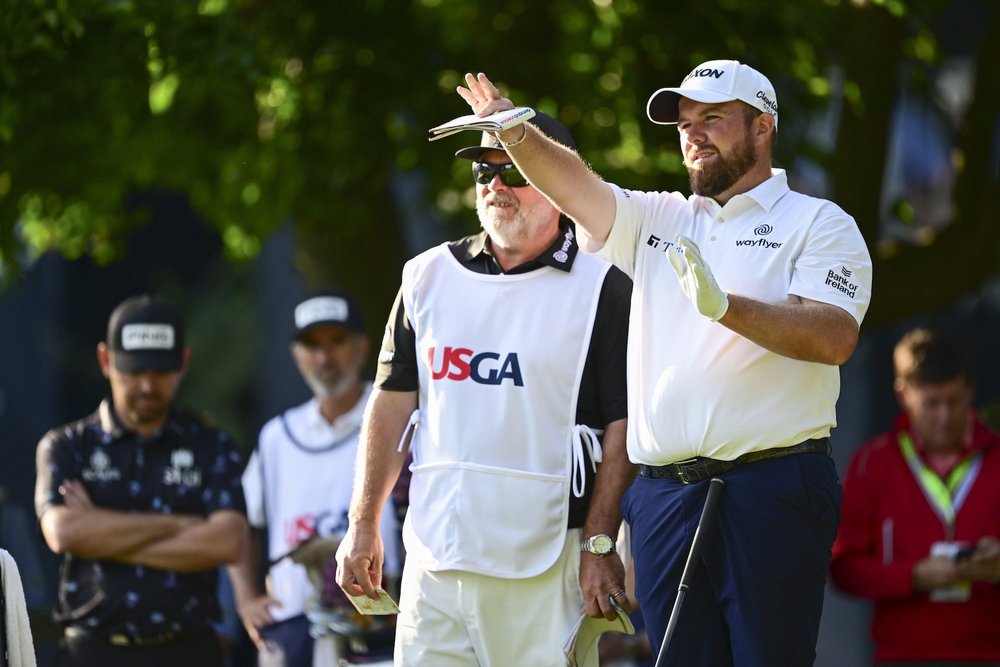 Shane Lowry and his caddie Brian Martin on the 17th tee during the first round at the 2022 U.S. Open at The Country Club in Brookline, Mass. on Thursday, June 16, 2022. (Robert Beck/USGA)