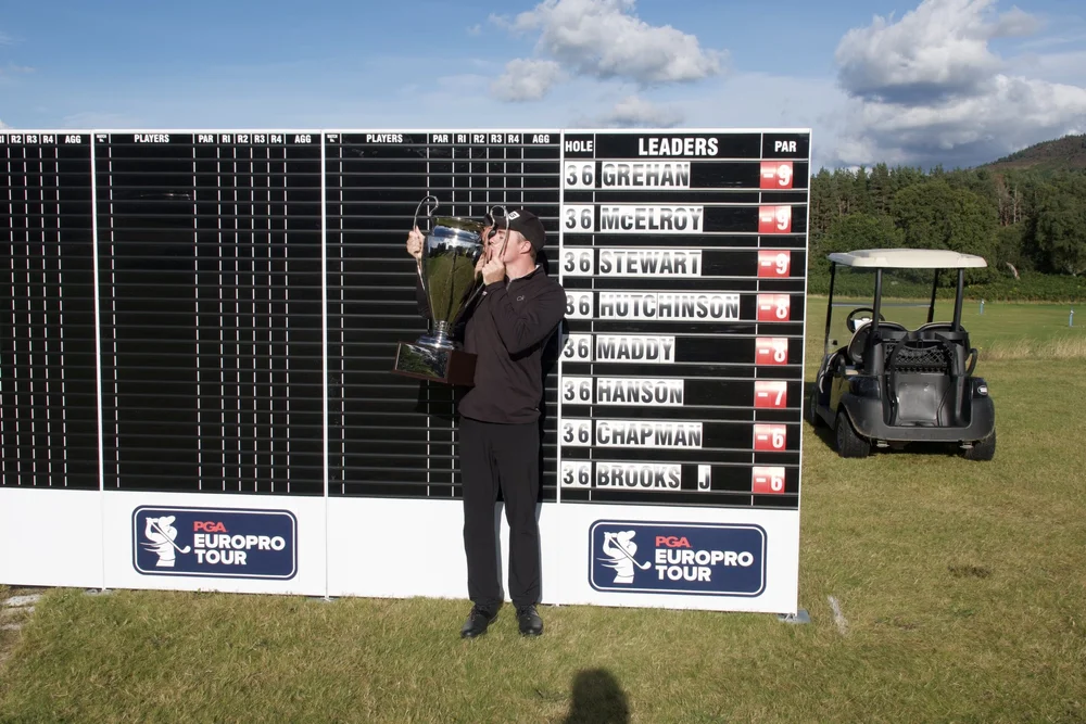 Stuart Grehan kisses the trophy following his win in Spey Valley two weeks ago. Picture: PGA Europro Tour