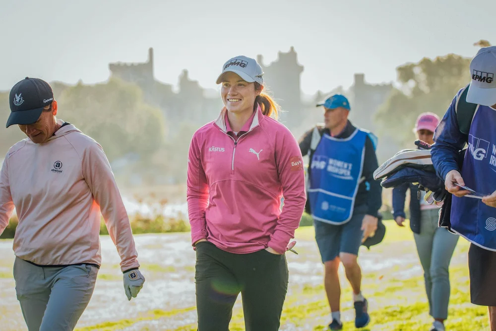 Ireland’s Leona Maguire and Catriona Matthew of Scotland enjoy the picture perfect morning as they walk off the 11th tee in the second round of the KPMG Women's Irish Open in Dromoland Castle Golf Club, Newmarket On Fergus, Clare. Picture: Brian Arth