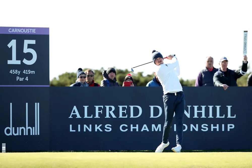 ST ANDREWS, SCOTLAND - OCTOBER 01: Richard Mansell of England tees off on the 15th hole on Day Three of the Alfred Dunhill Links Championship at Carnoustie Golf Links on October 01, 2022 in Carnoustie, Scotland. (Photo by Jan Kruger/Getty Images)