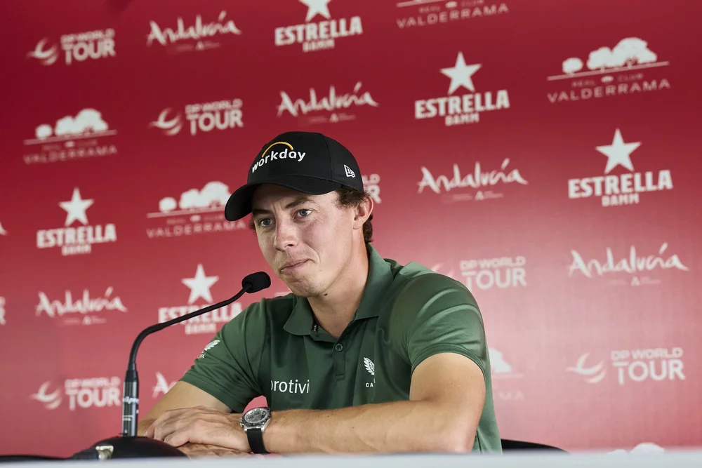 CADIZ, SPAIN - OCTOBER 12: Matt Fitzpatrick of England attends the official press conference prior to the Estrella Damm N.A. Andalucía Masters at Real Club Valderrama on October 11, 2022 in Cadiz, Spain. (Photo by Aitor Alcalde/Getty Images)