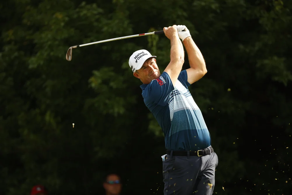 Padraig Harrington watches his tee shot on the ninth hole during the final round at the 2022 U.S. Senior Open at Saucon Valley C.C. (Old Course) in Bethlehem, Pa. on Sunday, June 26, 2022. (Chris Keane/USGA)