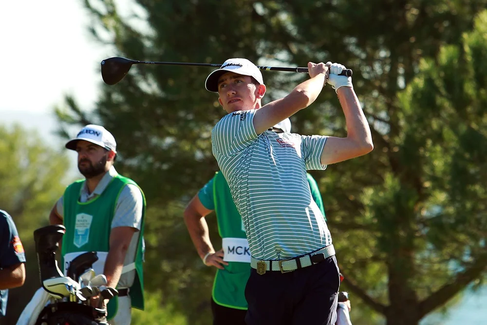 Tom McKibbin tees off during the Rolex Challenge Tour Grand Final at Alcanada Golf Club in Mallorca. Picture: Niall O'Shea