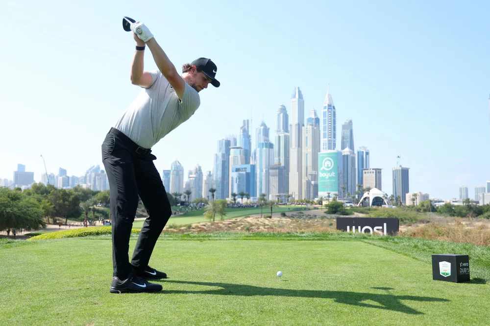 Thomas Pieters of Belgium tees off on the 8th hole during the Hero Dubai Desert Classic at Emirates Golf Club. Photo by Andrew Redington/Getty Images
