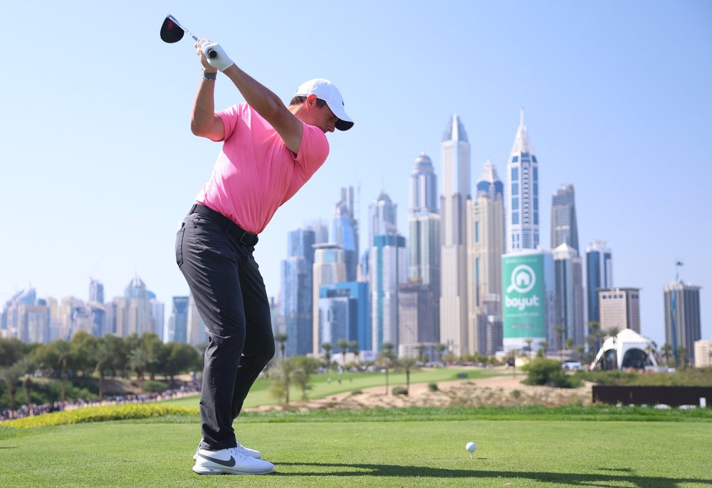 Rory McIlroy tees off on the 8th hole during the third round of the Hero Dubai Desert Classic at Emirates Golf Club. Photo by Warren Little/Getty Images